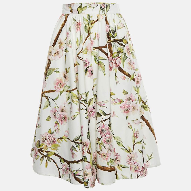 Dolce & Gabbana White Floral Print Cotton Flared Knee-Length Skirt S
